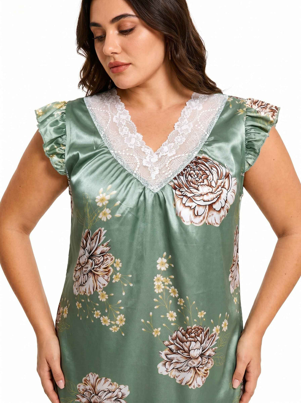 Floral print V-neck midi nightgown with lace trim and flutter sleeves - View 6 | TEVQA