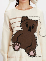 Vintage Cream Sketchy Bear Knit Sweater - TEVQA