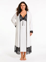 Women's Satin Pajama Set with Lace Trim - View 6 | TEVQA