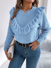 Elegant Gray Ruffle Trim Knit Sweater