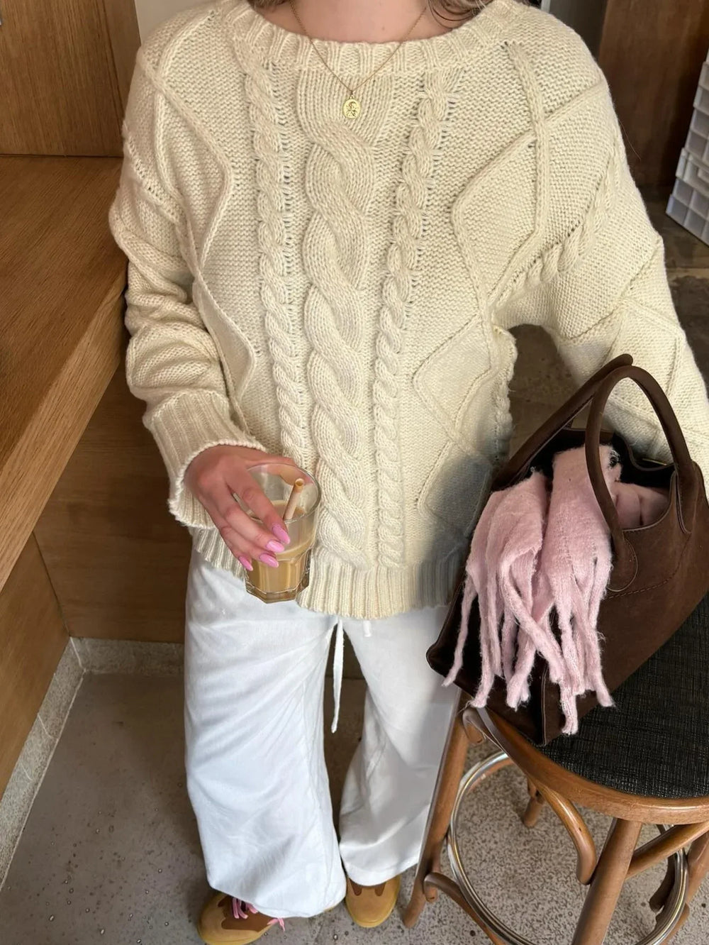 Vintage Cream Chunky Cable Knit Sweater - TEVQA