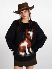 Vintage Black Fuzzy Horse Graphic Sweater - TEVQA