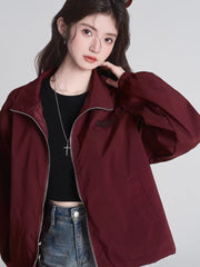 Burgundy Stand Collar Zip Up Utility Jacket