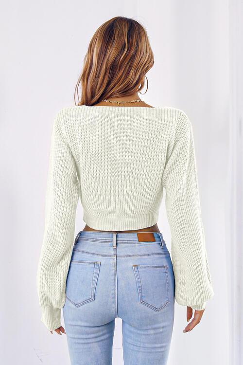 Ribbed knit crop sweater with tie neck - View 8 | TEVQA