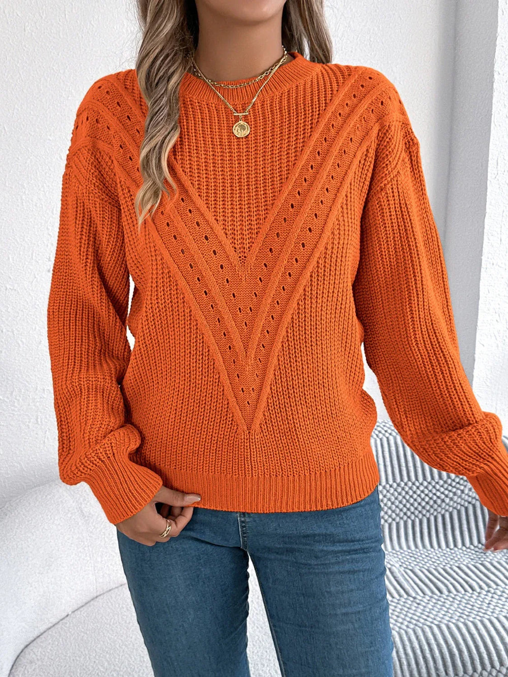 White Pointelle Knit Sweater - TEVQA