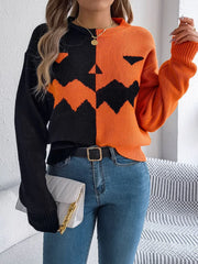 Spooky Chic Split Color Block Pumpkin Sweater - TEVQA