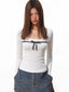 White Ribbed Knit Top Black Bow Long Sleeve