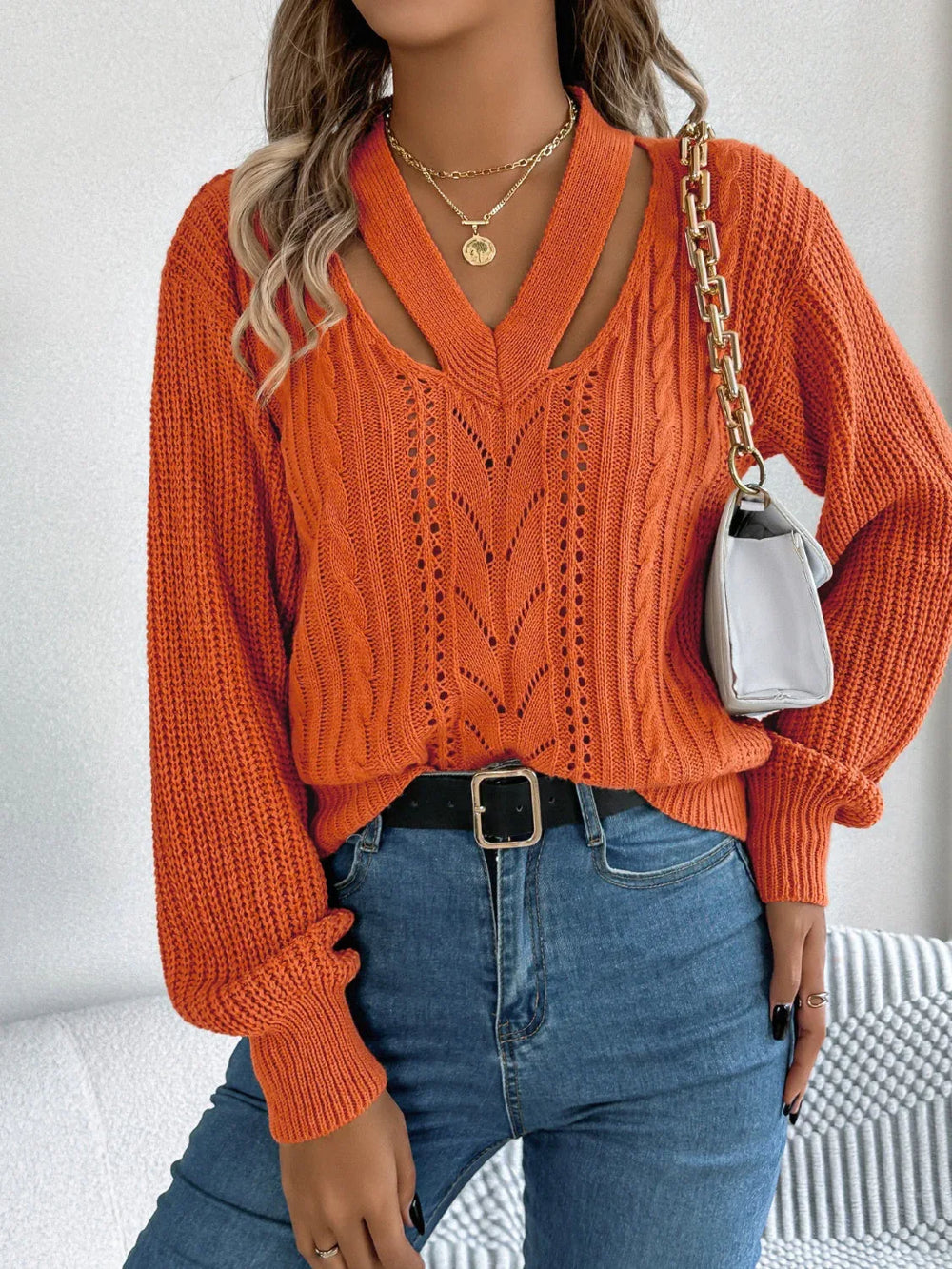 White Cutout V-Neck Cable Knit Sweater - TEVQA