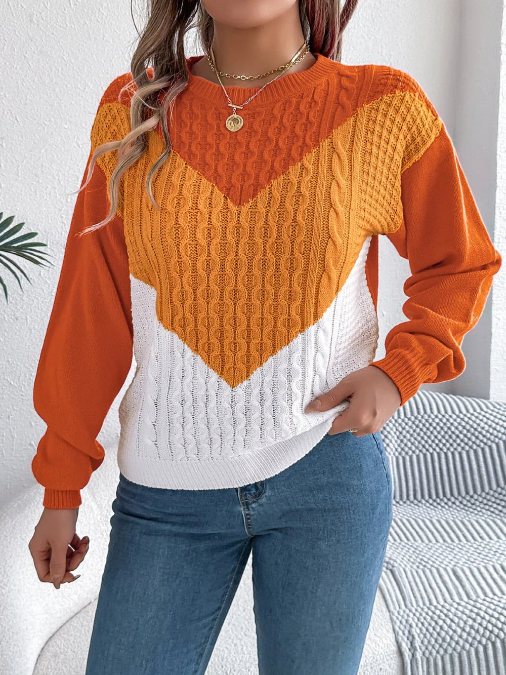 Colorblock cable knit sweater - View 8 | TEVQA