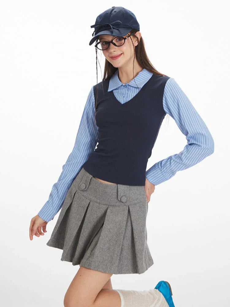 Preppy Faux Two-Piece Layered Top - TEVQA