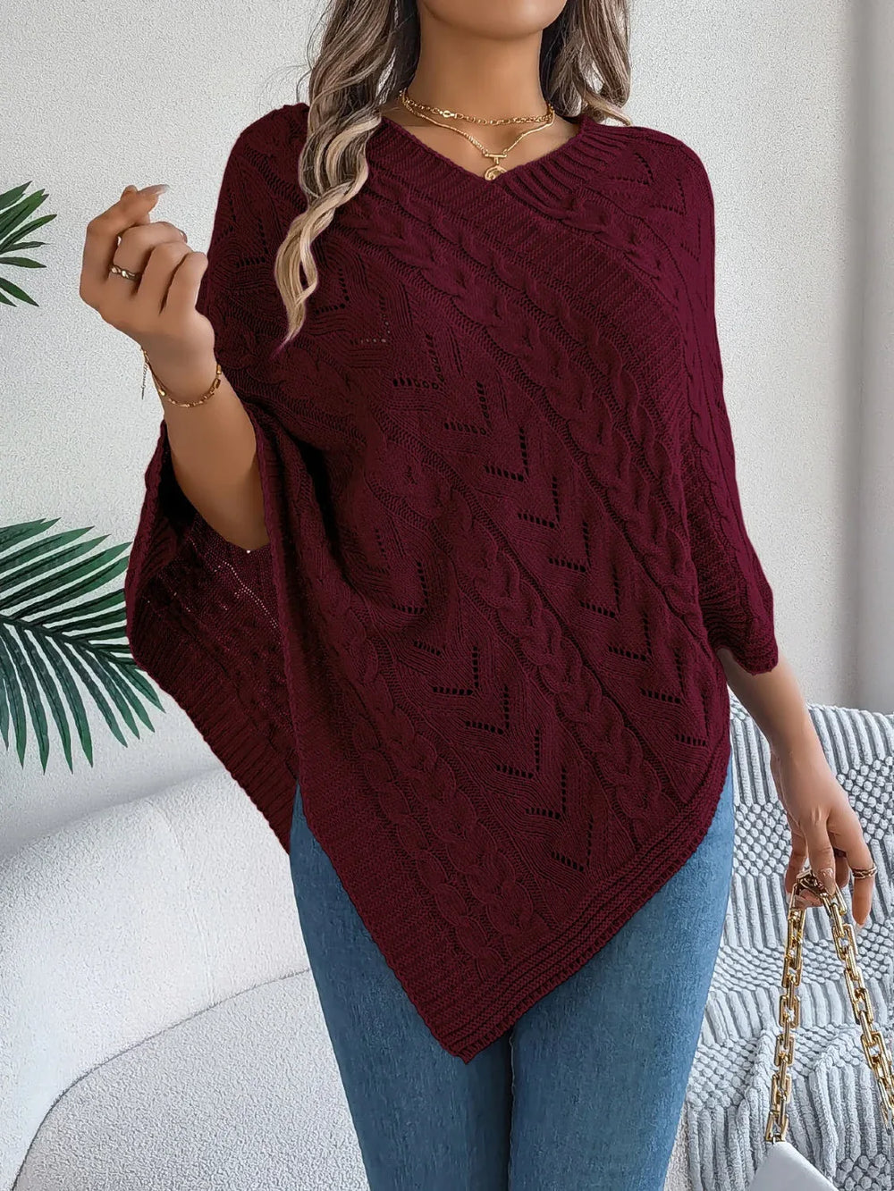White Cable Knit V-Neck Poncho Sweater - TEVQA