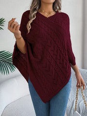 White Cable Knit V-Neck Poncho Sweater - TEVQA