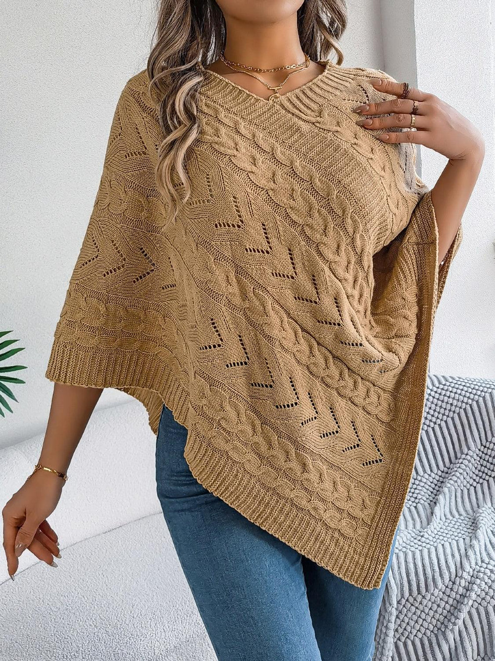 White Cable Knit V-Neck Poncho Sweater - TEVQA