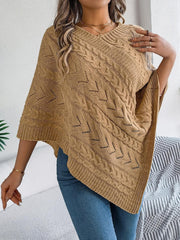 White Cable Knit V-Neck Poncho Sweater - TEVQA