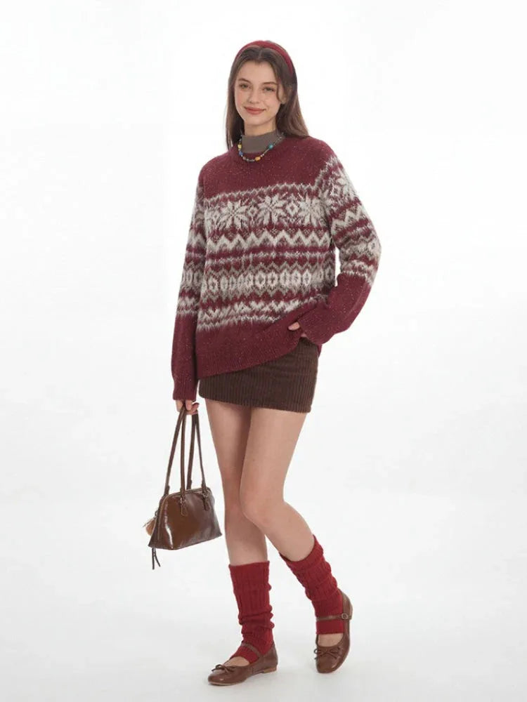 Vintage Burgundy Fair Isle Knit Sweater - TEVQA