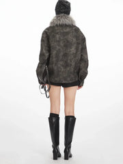 Vintage Distressed Faux Suede Biker Jacket - TEVQA
