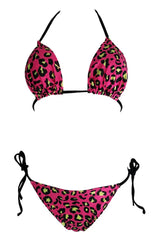 Pink and green leopard print bikini set