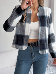 Chic Navy Blue Plaid Cropped Jacket