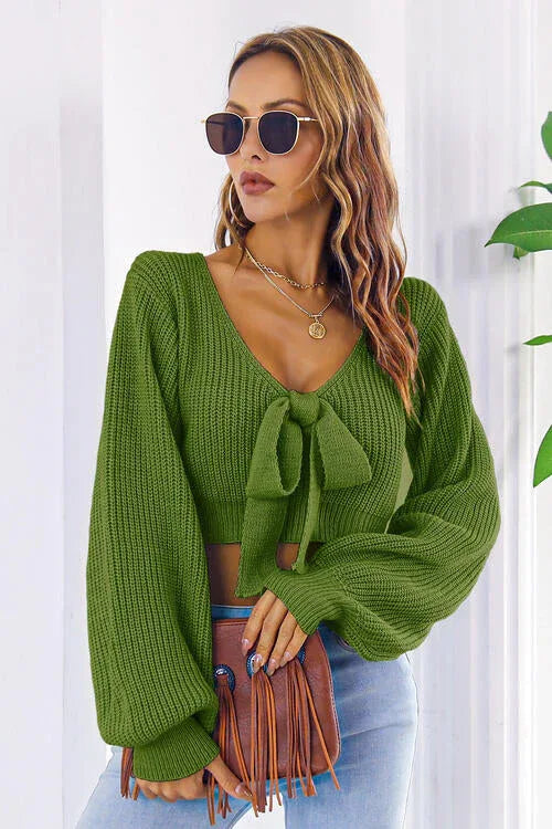 Ribbed knit crop sweater with tie neck - View 11 | TEVQA