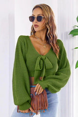Ribbed knit crop sweater with tie neck - View 11 | TEVQA