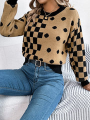 Gray Polka Dot & Checkerboard Knit Sweater - View 14 | TEVQA