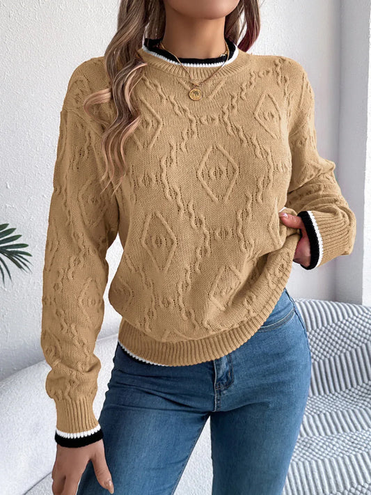 Khaki Textured Knit Sweater - TEVQA