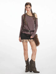 Y2K Grunge Asymmetrical Striped Long Sleeve Top - TEVQA