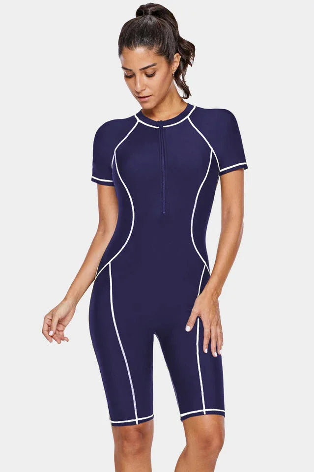 Yellow short sleeve one piece swimsuit with zipper closure - View 7 | TEVQA