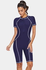 Yellow short sleeve one piece swimsuit with zipper closure - View 7 | TEVQA