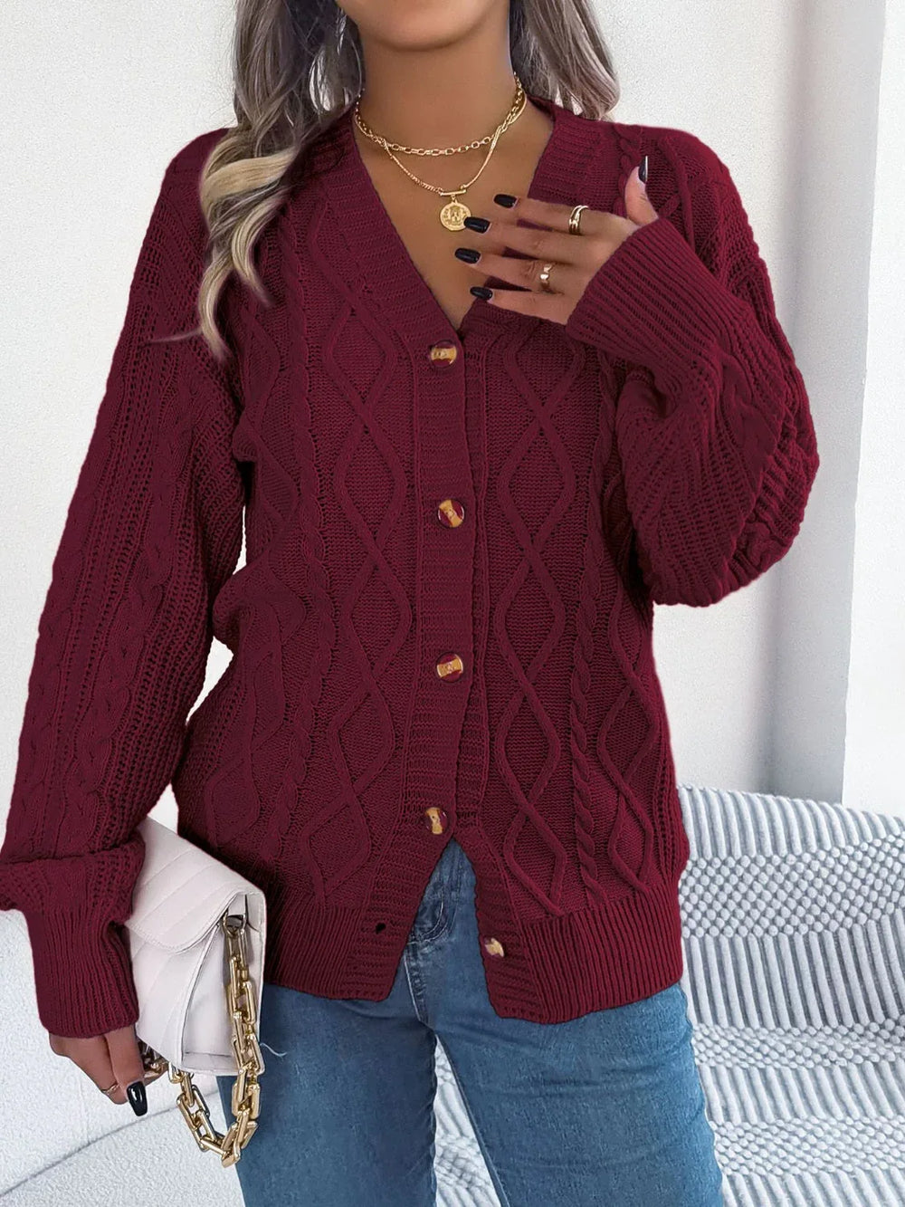 Pink cable knit button down cardigan - View 7 | TEVQA