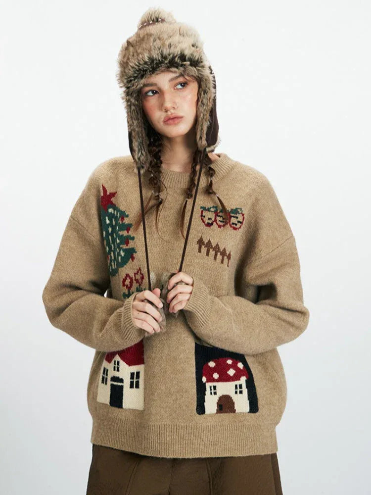 Whimsical Holiday House Pocket Sweater - TEVQA