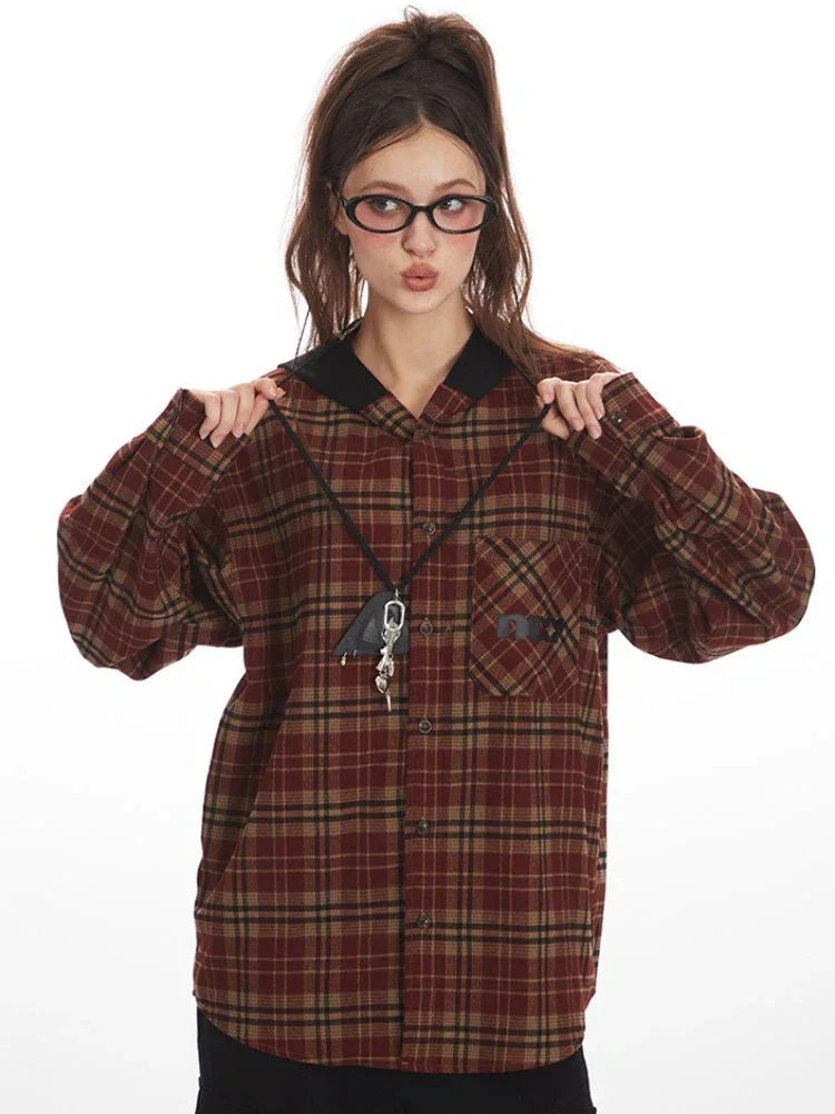 Vintage Red Plaid Hooded Flannel Shirt - TEVQA