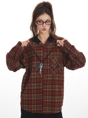 Vintage Red Plaid Hooded Flannel Shirt