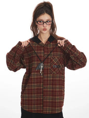 Vintage Red Plaid Hooded Flannel Shirt - TEVQA