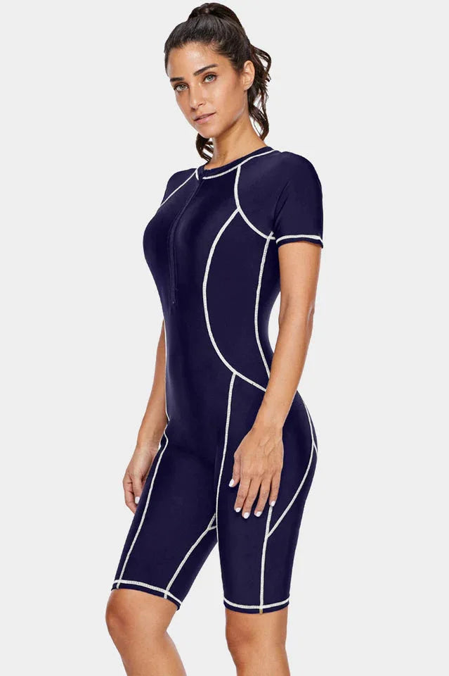 Yellow short sleeve one piece swimsuit with zipper closure - View 8 | TEVQA