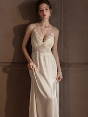 Lace Splicing Satin Robe & Slip Dress Set