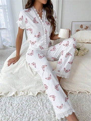 Cherry print ribbed pajama set with lace trim - View 18 | TEVQA