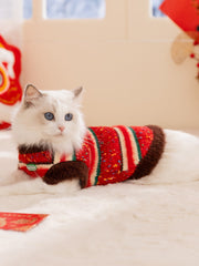 Festive Red Striped Plush Knitted Pet Sweater
