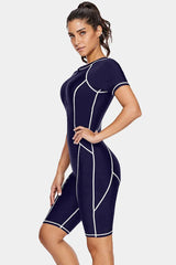 Yellow short sleeve one piece swimsuit with zipper closure - View 9 | TEVQA