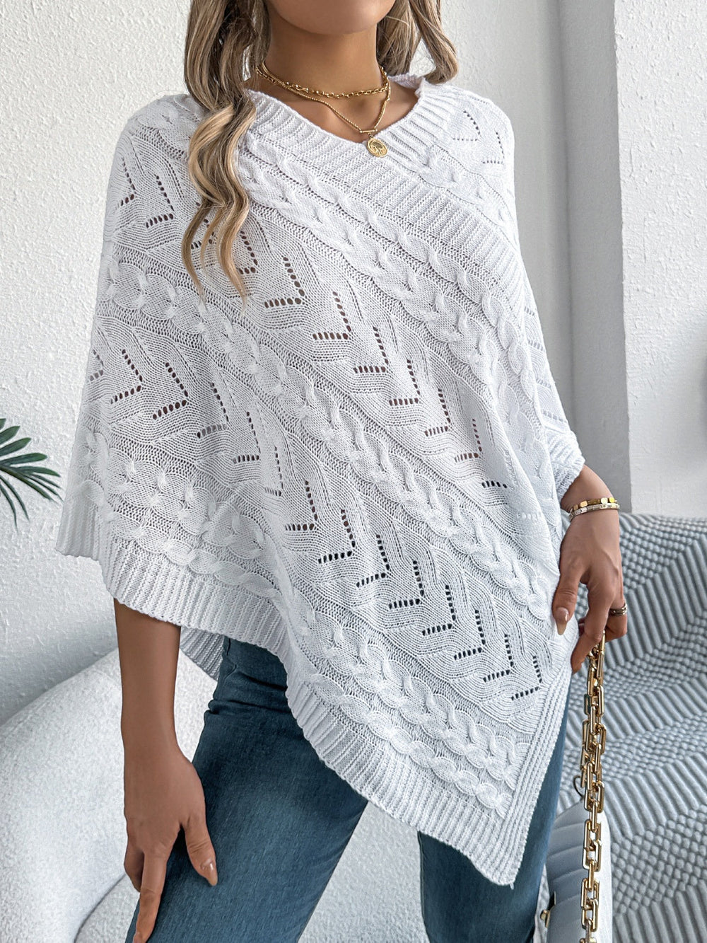 Cable-Knit Openwork Three-Quarter Sleeve Sweater OutfitFlow