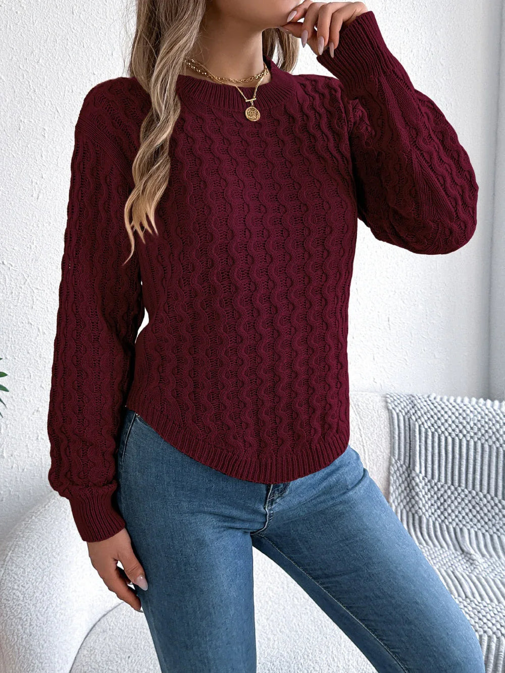 Camel Cable Knit Curved Hem Sweater - TEVQA