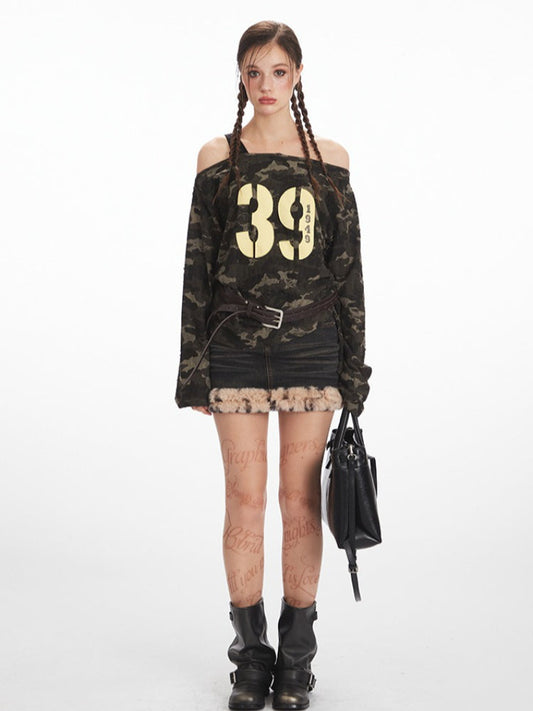 Y2K Grunge Camo Asymmetrical Long Sleeve Top