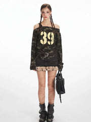 Y2K Grunge Camo Asymmetrical Long Sleeve Top - TEVQA