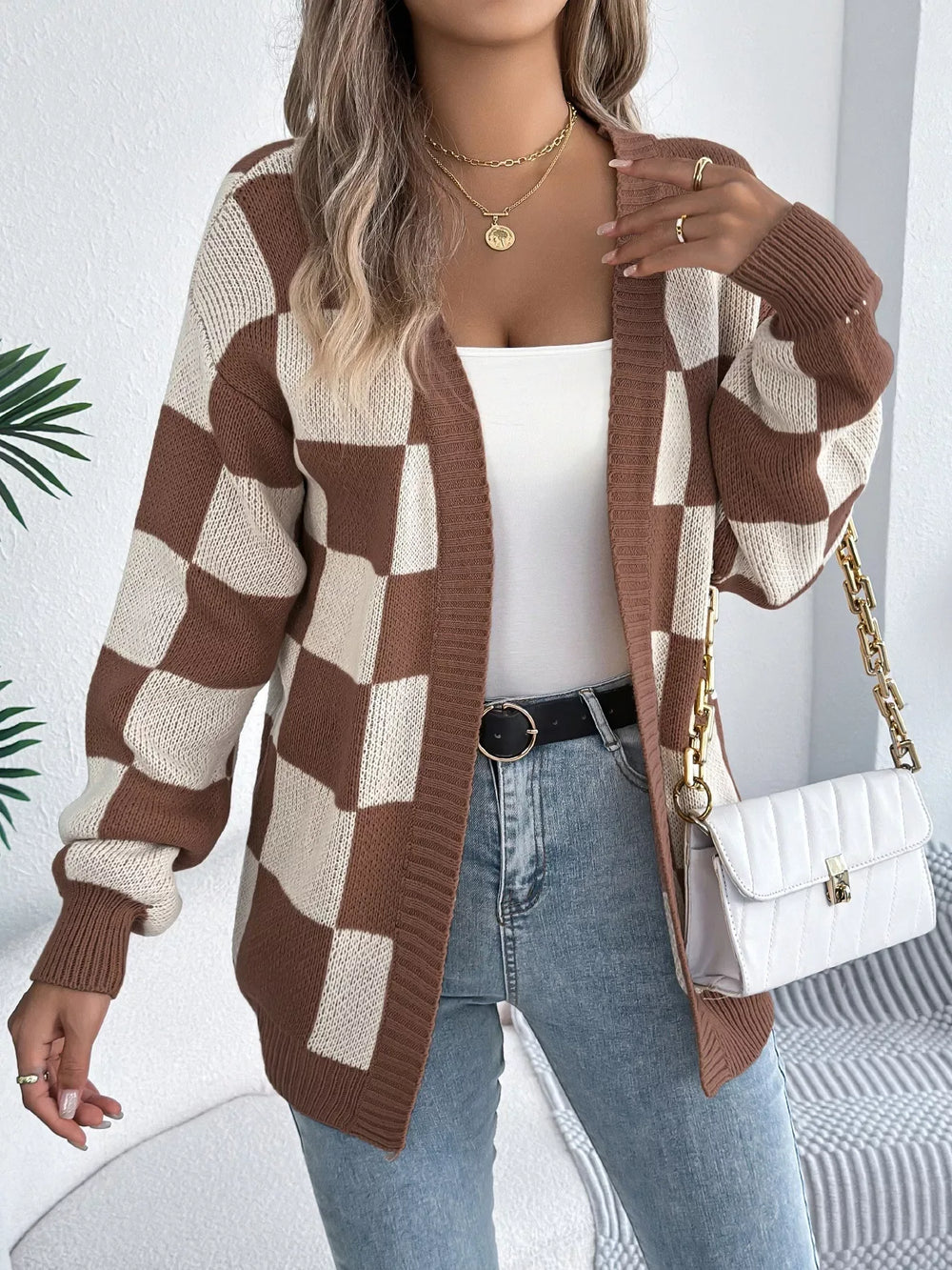 Burgundy Checkerboard Knit Cardigan - View 9 | TEVQA