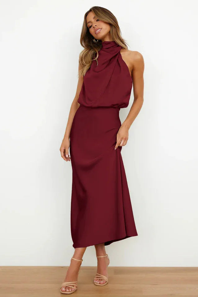 Satin Halter Neck Midi Dress - View 37 | TEVQA