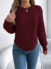 Camel Cable Knit Curved Hem Sweater - TEVQA