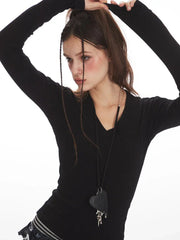 Y2K Grunge Essential V-Neck Long Sleeve Top - TEVQA