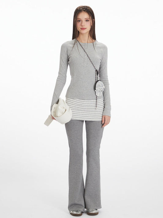 Vintage Grey Ribbed Henley Top