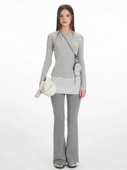 Vintage Grey Ribbed Henley Top - TEVQA