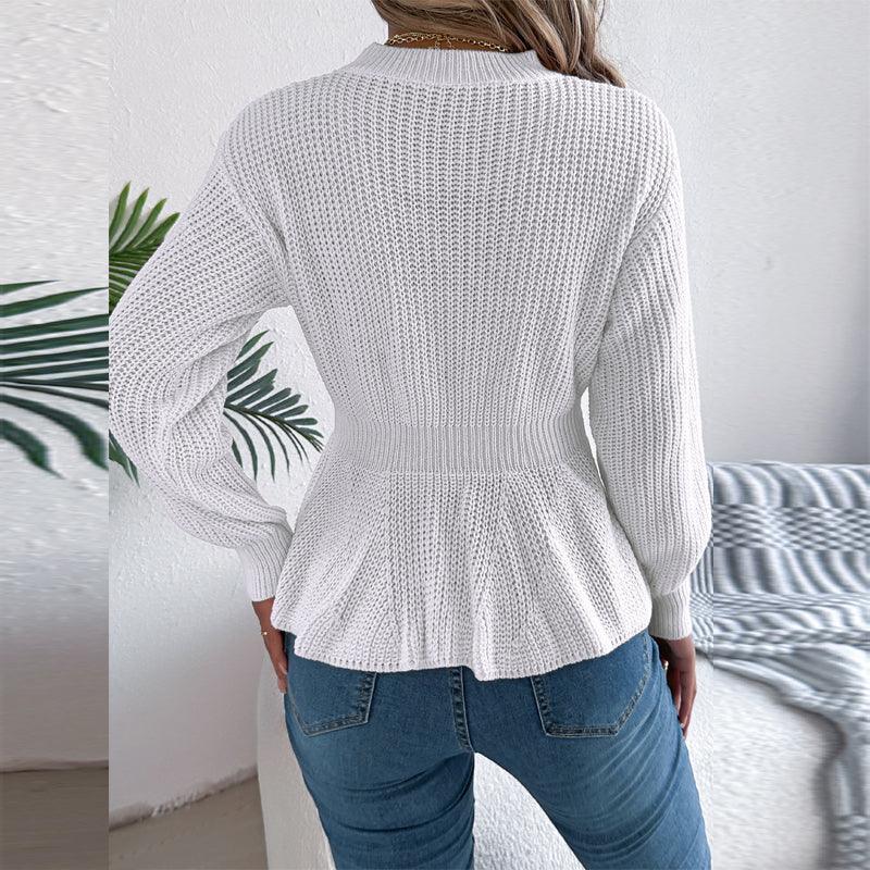 White Cable Knit Peplum Sweater - TEVQA